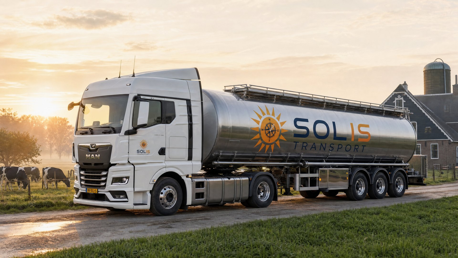 Solis Transport Milchtankwagen am niederl&auml;ndischen Bauernhof bei Sonnenaufgang